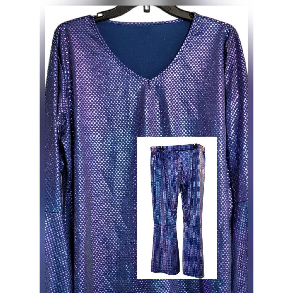 70s Disco Queen Costume 2X Metallic Purple Bell Sleeve Top Flare Pants 2-Piece
